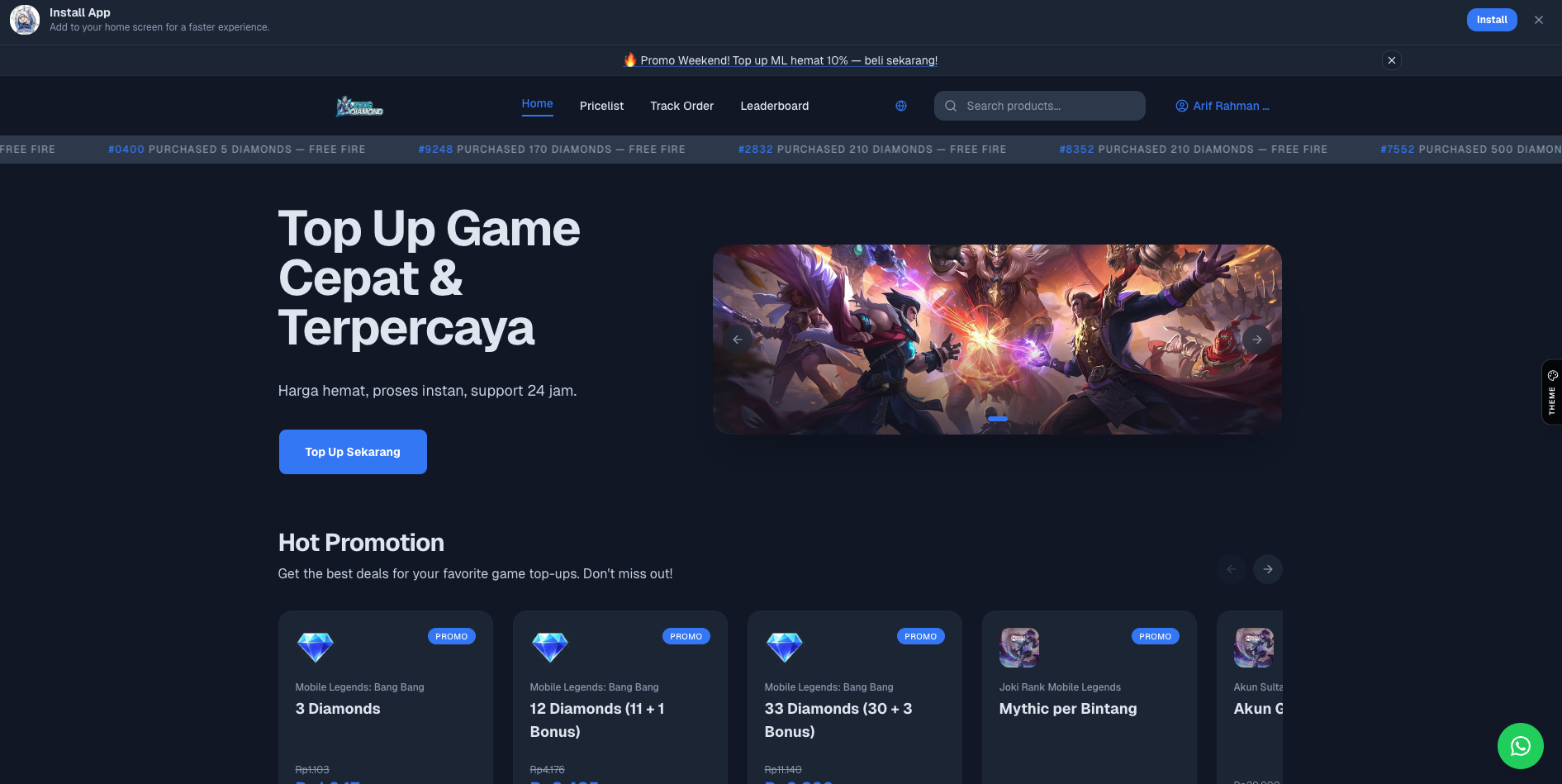 Preview website topup tema Midnight